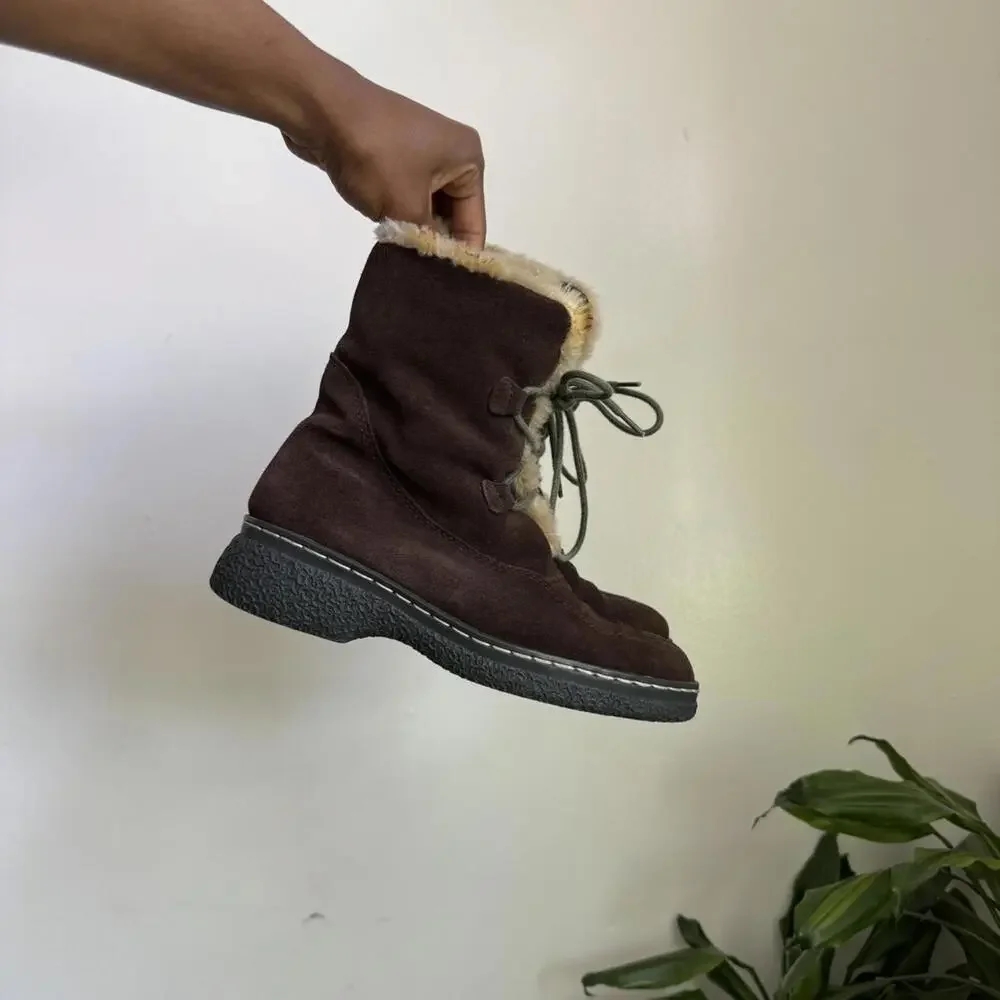 Vintage brown suede ankle boots with fur trim and lace up details‎ size 7.5